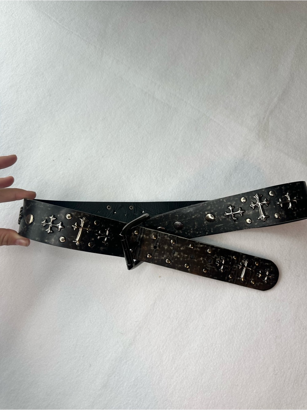Y2K Grunge Cross Studded Black Distressed Leather Belt Gothic Punk 34